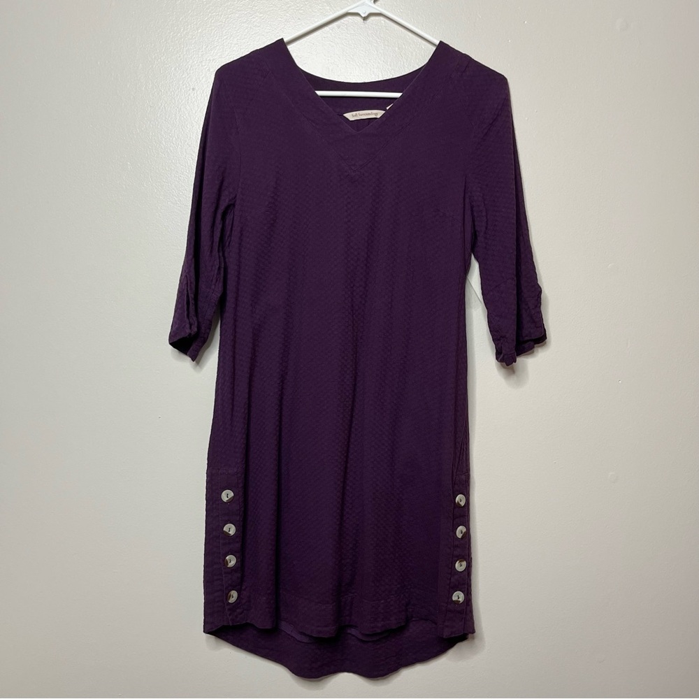 Soft Surroundings Plum V Neck Dress Size PS Texture Lined Button Details